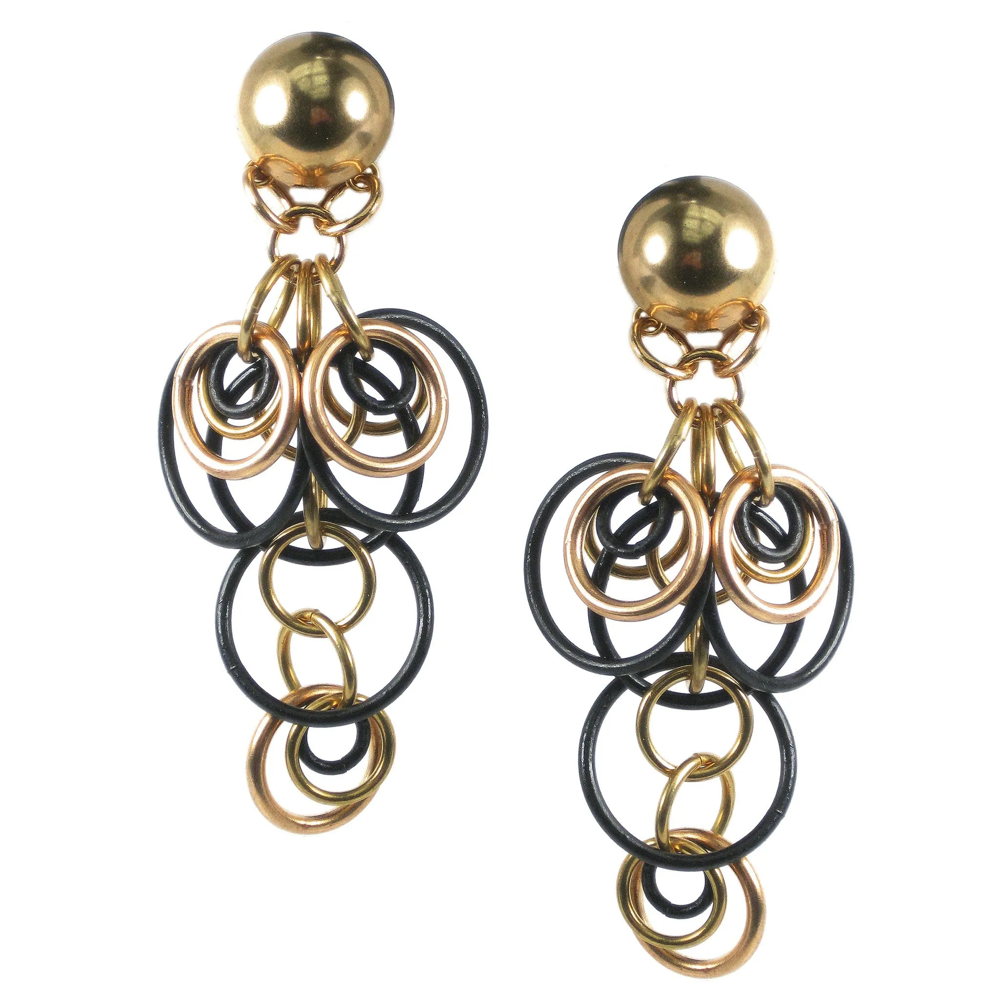 #142e Gold Tone & Black Linked Ring Earrings