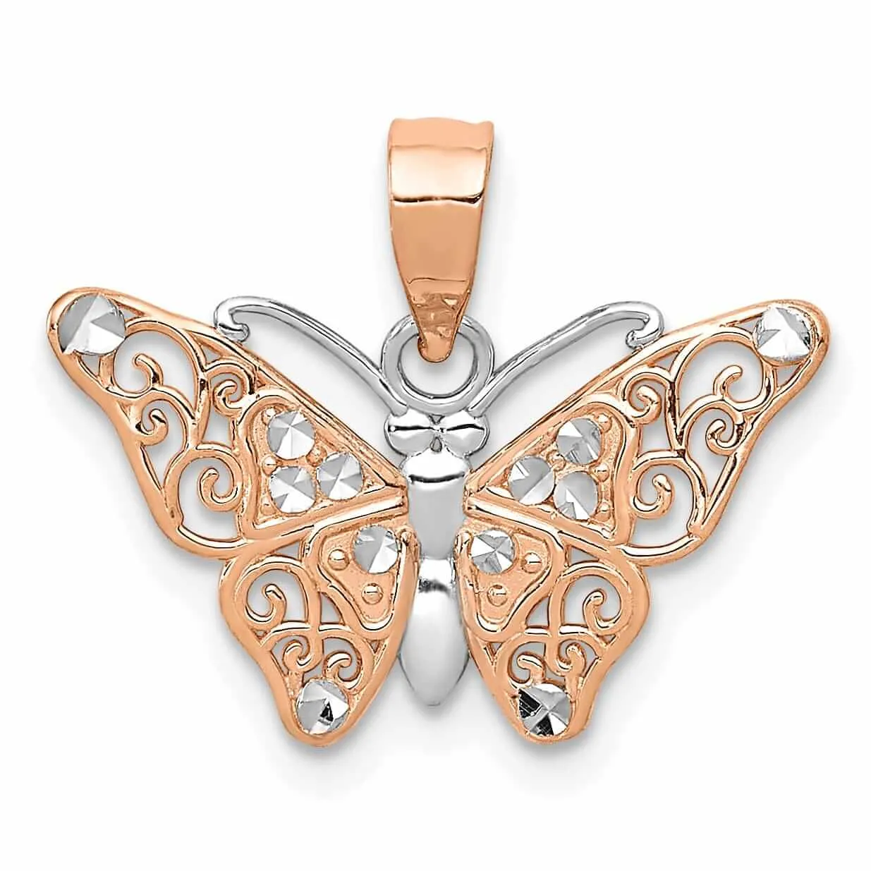 14k Rose Gold with Rhodium Casted Textured Back Solid Polished Finish Diamond-cut Butterfly Charm Pendant