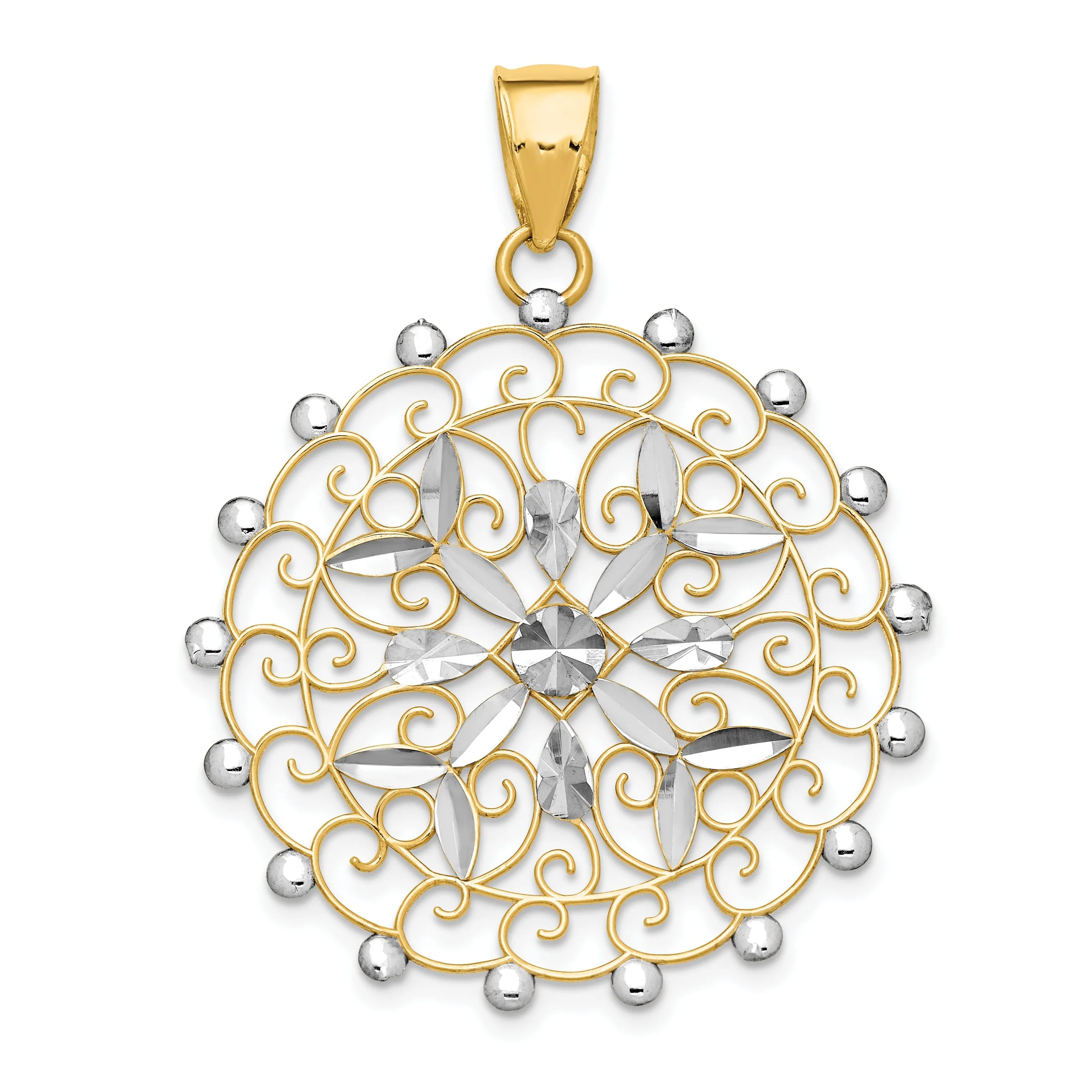 14k Two Tone Gold Diamond Cut Filigree Pendant