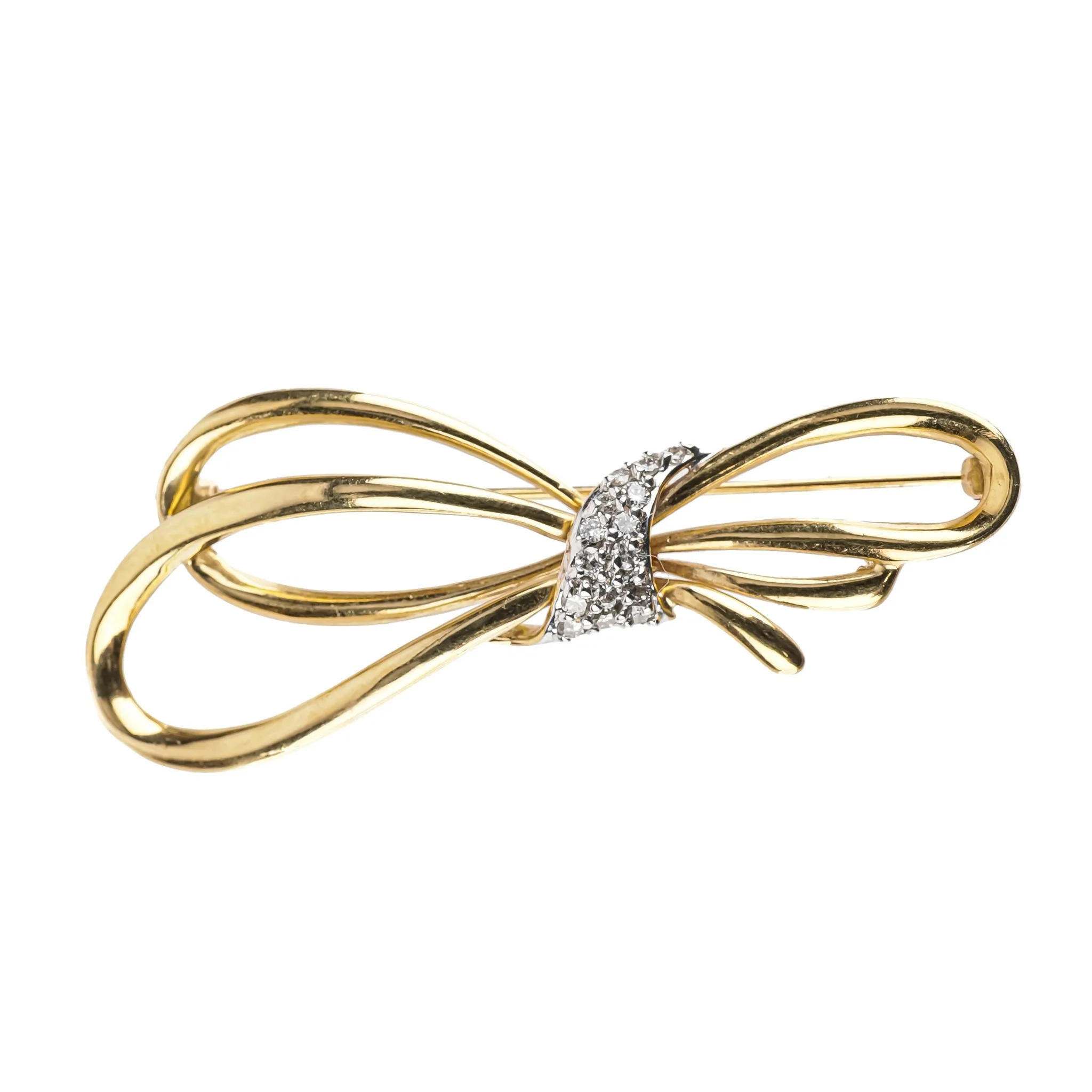 14K Yellow & White Diamond Bow Brooch