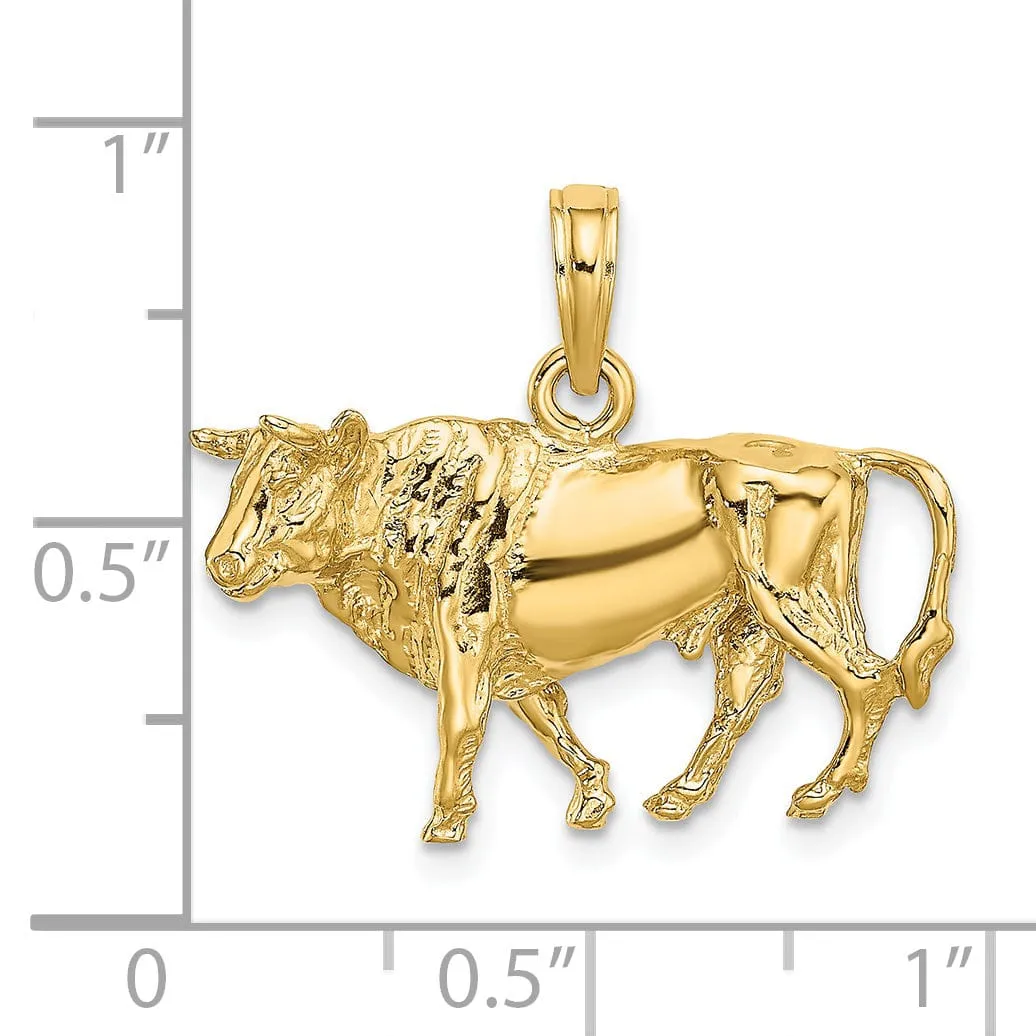 14K Yellow Gold 3-Dimentional Polished Finish Bull with Horns Charm Pendant