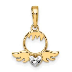 14k Yellow Gold D.C Finish Solid Flat Back Heart & Wings Charm Pendant