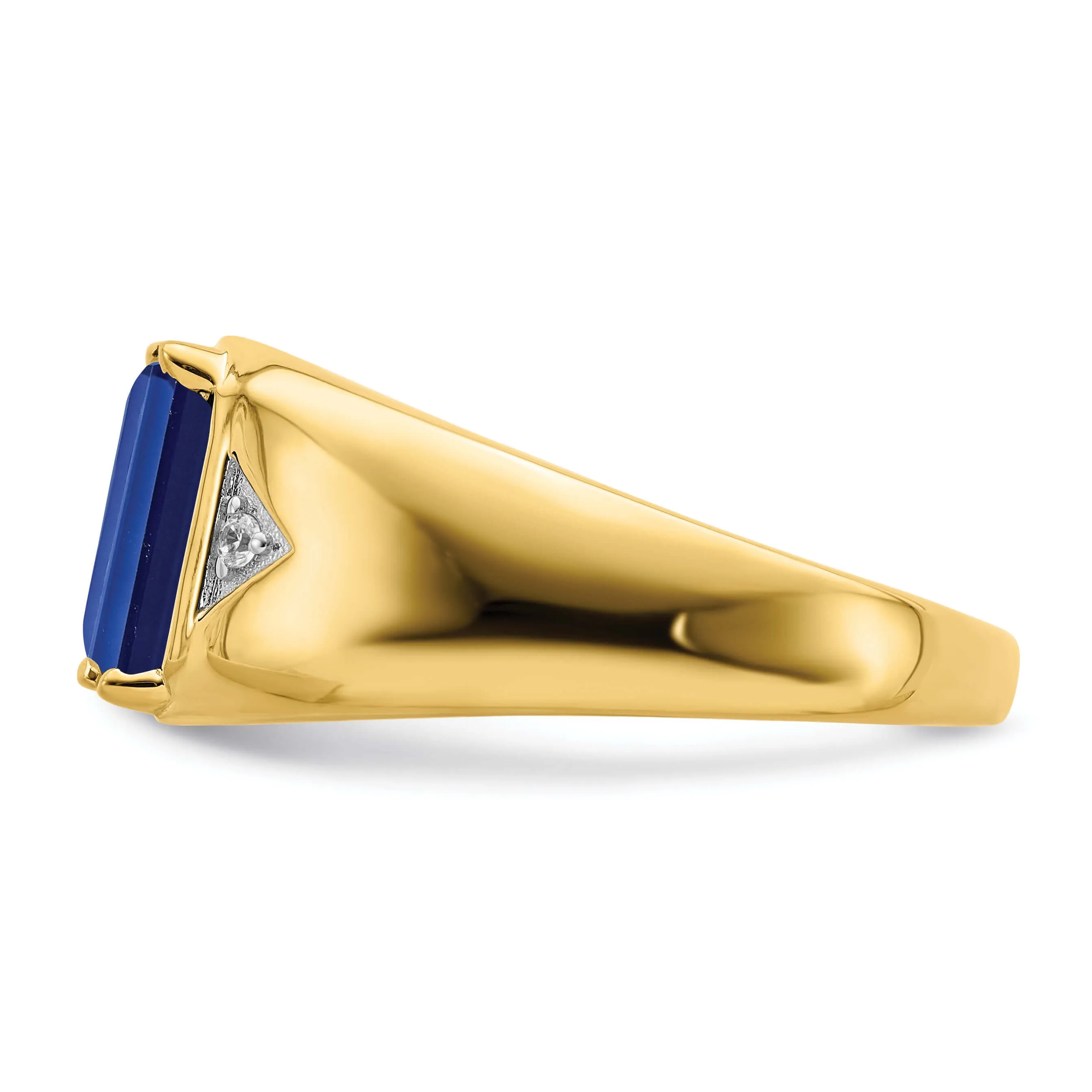 14k Yellow Gold Emerald-cut Created Sapphire and Diamond Polished Mens Ring