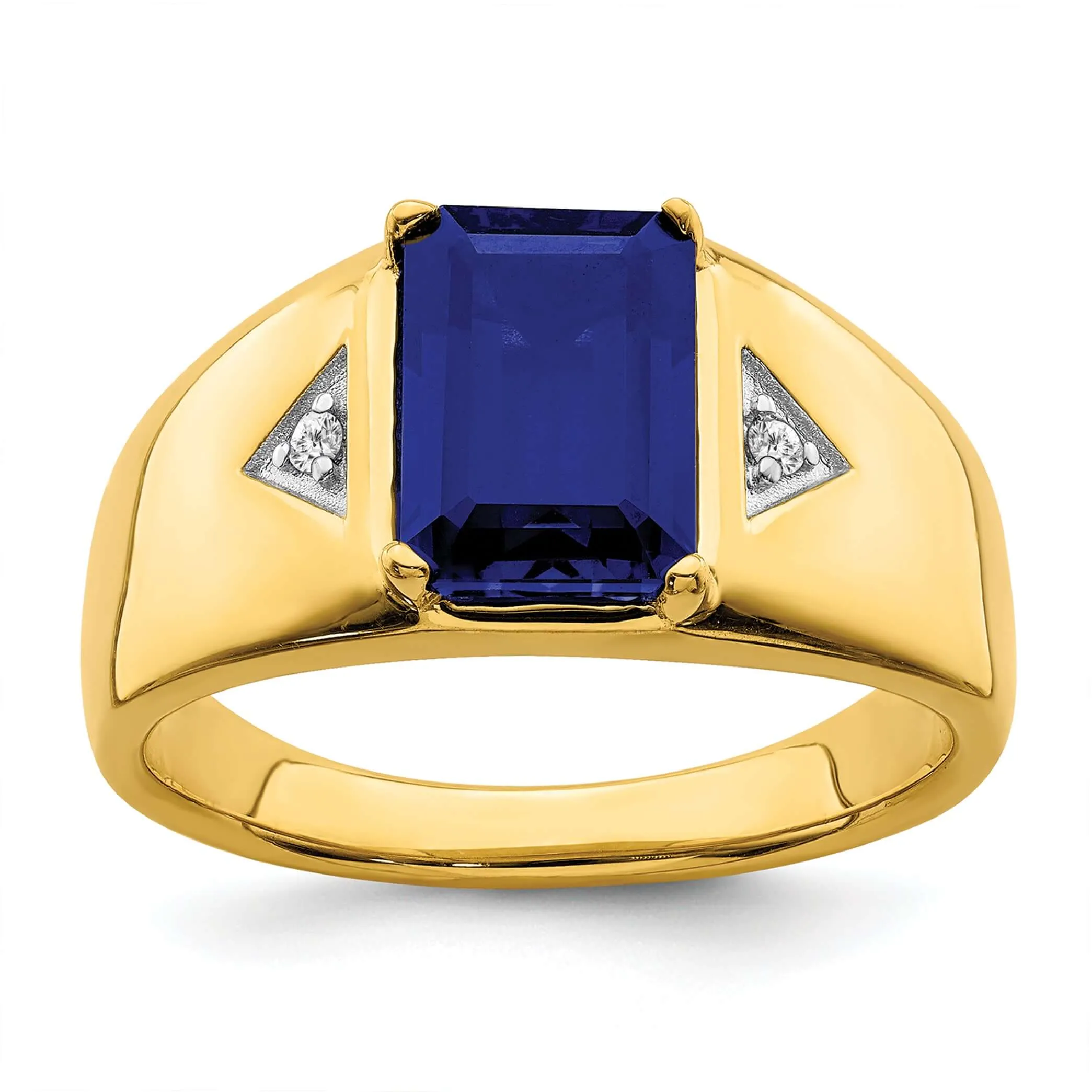 14k Yellow Gold Emerald-cut Created Sapphire and Diamond Polished Mens Ring