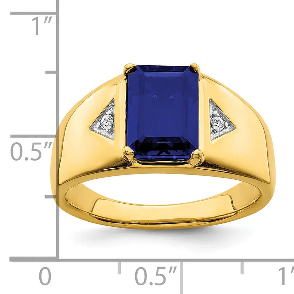 14k Yellow Gold Emerald-cut Created Sapphire and Diamond Polished Mens Ring