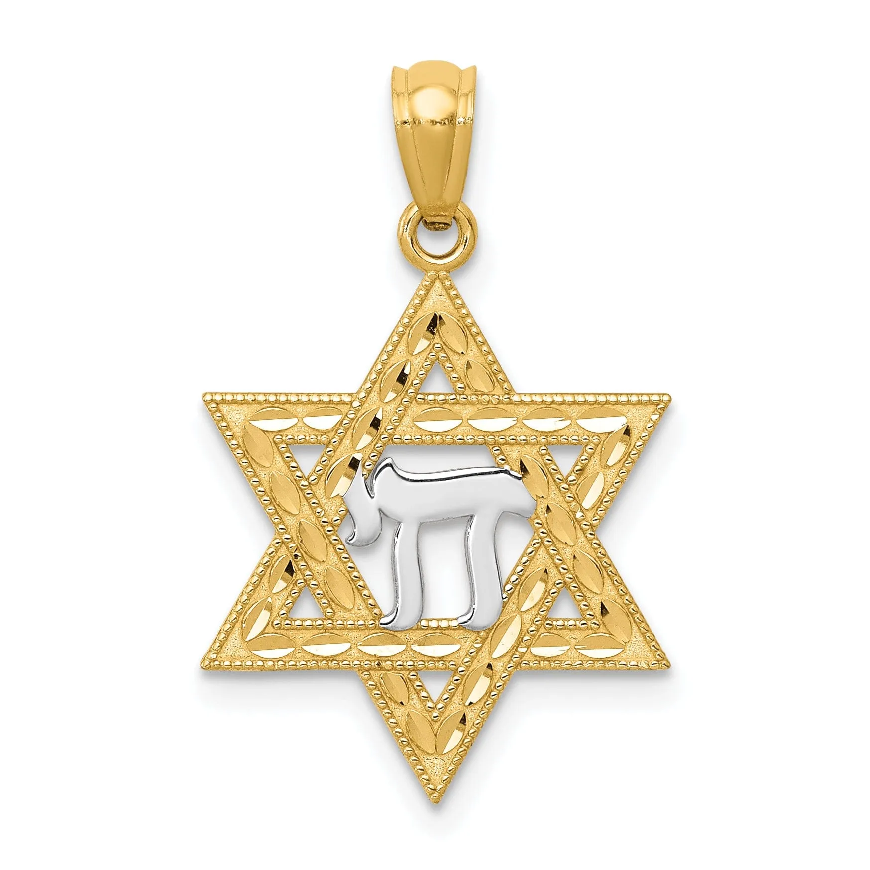 14K Yellow Gold Polished D.C Finish Star of David with Chai Pendant