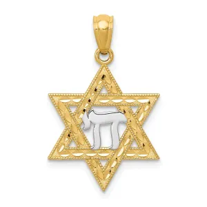 14K Yellow Gold Polished D.C Finish Star of David with Chai Pendant