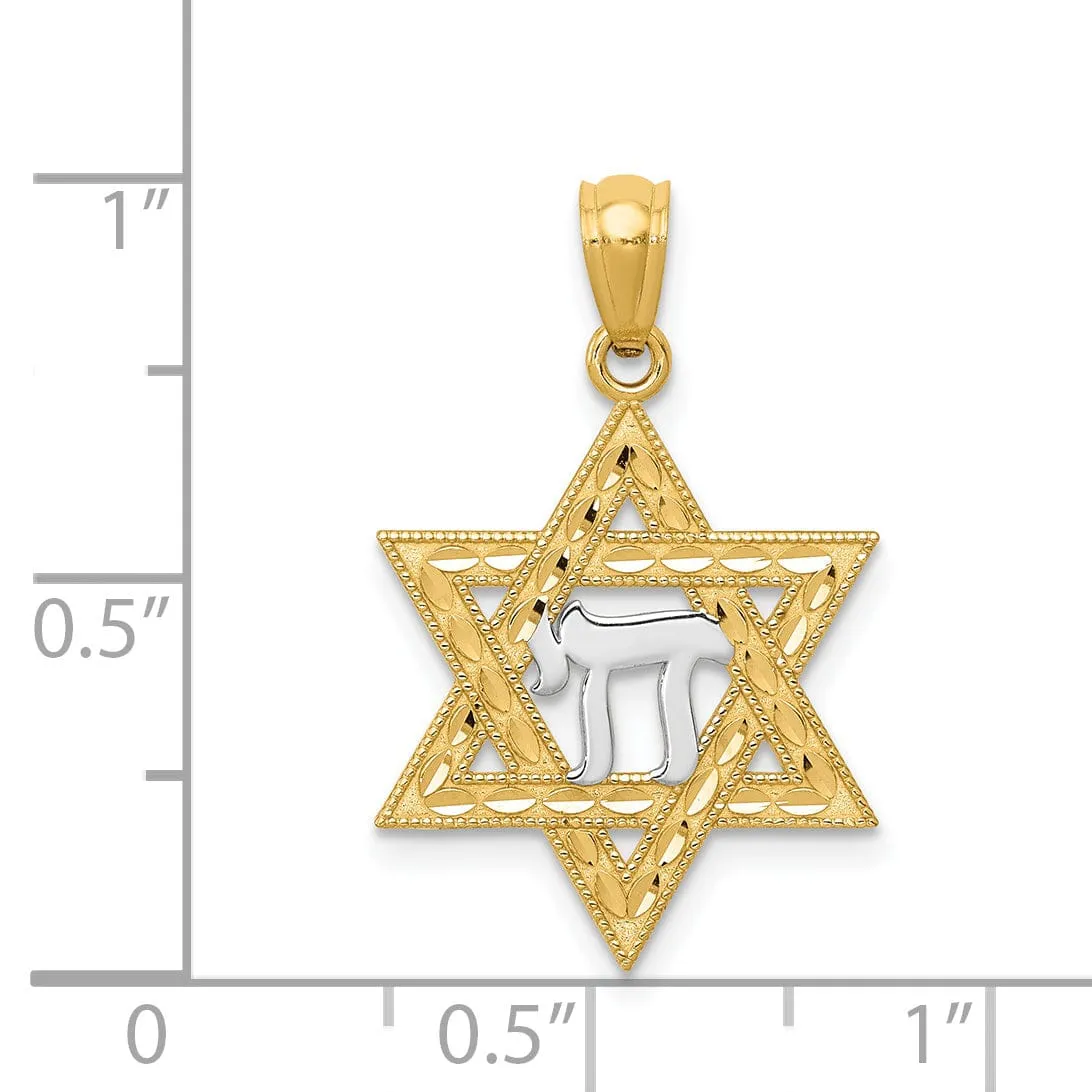 14K Yellow Gold Polished D.C Finish Star of David with Chai Pendant