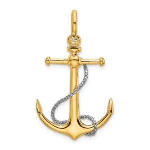 14K Yellow Gold Polished Finish 3-Dimensional Anchor with T Bar Rope Design and Shackle Bail Charm Pendant