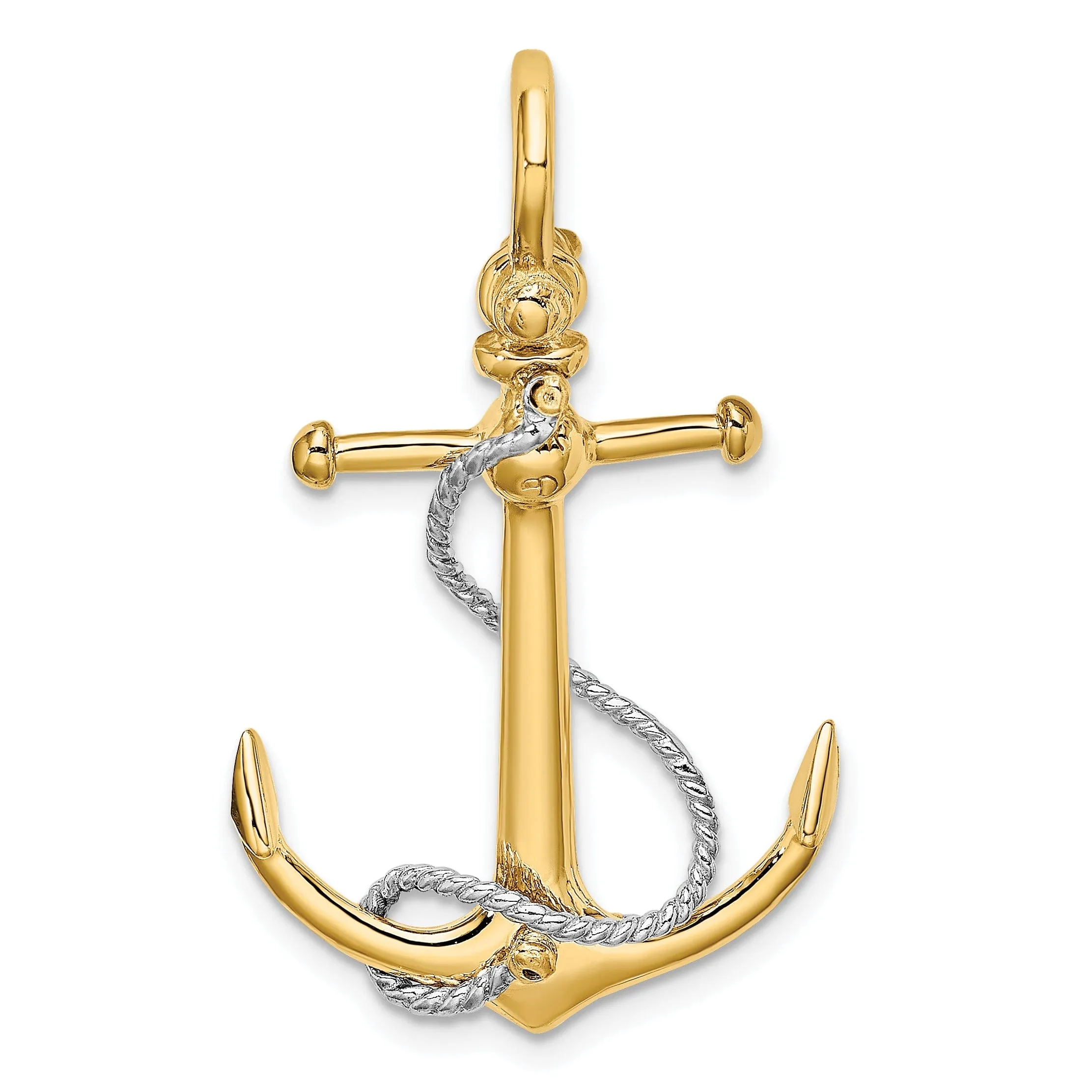 14K Yellow Gold Polished Finish 3-Dimensional Anchor with T Bar Rope Design and Shackle Bail Charm Pendant