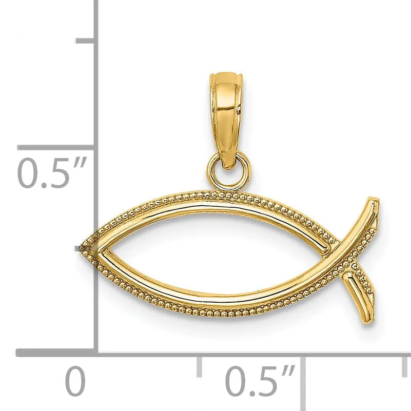 14K Yellow Gold Polished Texture Finish Ichthus Fish Charm Pendant