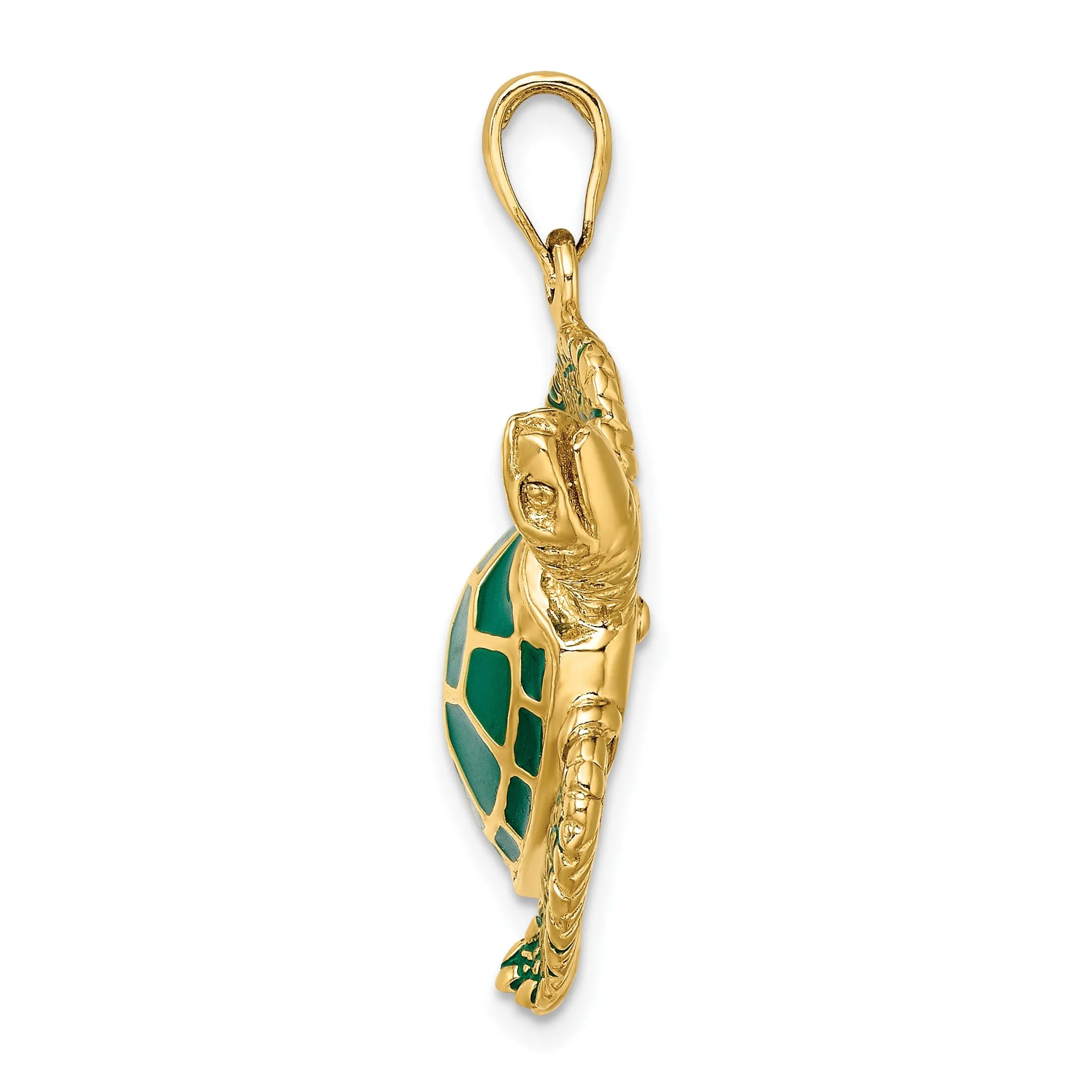 14k Yellow Gold Solid Casted Polished Finish 3D Green Enamel Large Sea Turtle Charm Pendant