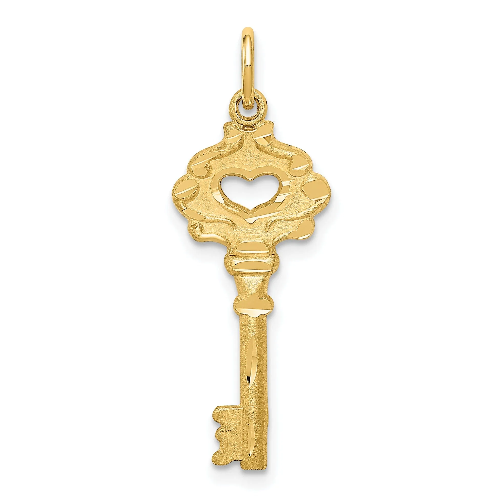 14K Yellow Gold Solid Fancy Edge Key Design Charm Pendant