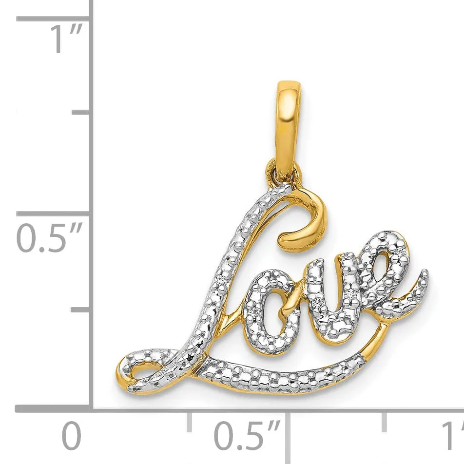 14k Yellow Gold White Rhodium 0.015-CT Diamond LOVE Script Design Pendant