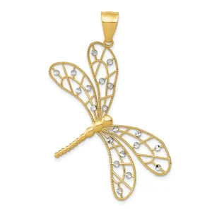 14k Yellow Gold White Rhodium Open Back Solid Polished Diamond Cut Finish Filigree Dragonfly Charm Pendant