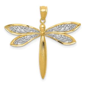 14k Yellow Gold White Rhodium Solid Open Back Textured Polished Finish Filligree Wing Design Dragonfly Charm Pendant