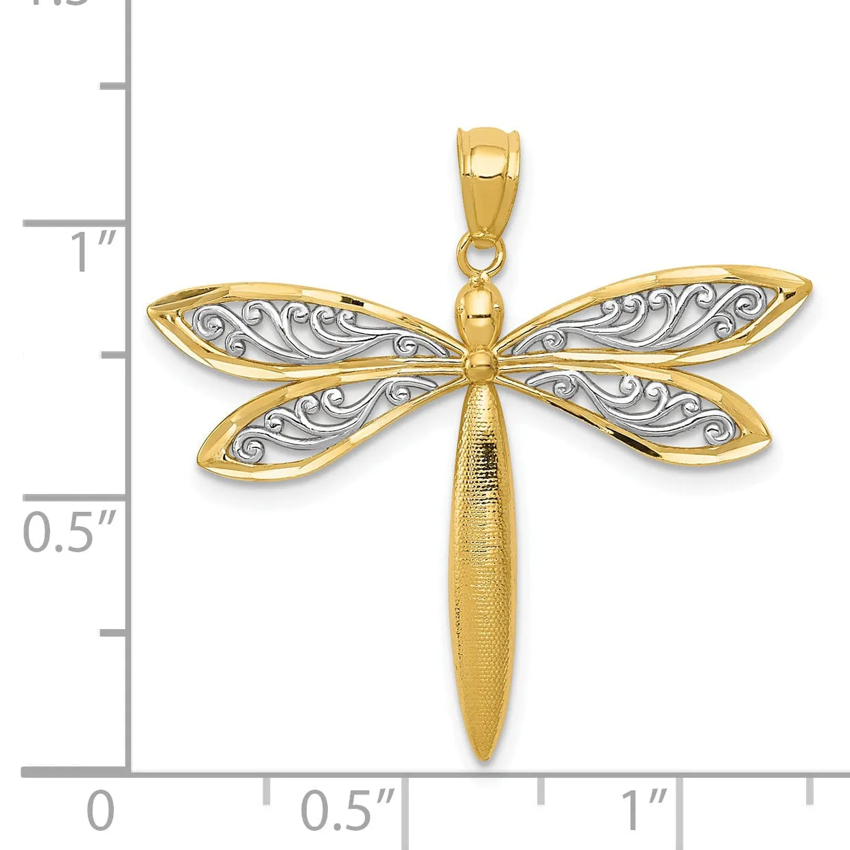 14k Yellow Gold White Rhodium Solid Open Back Textured Polished Finish Filligree Wing Design Dragonfly Charm Pendant