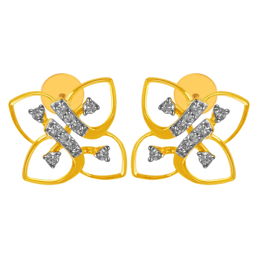 14KT (585) Yellow Gold & Diamond Floral Stud Earrings