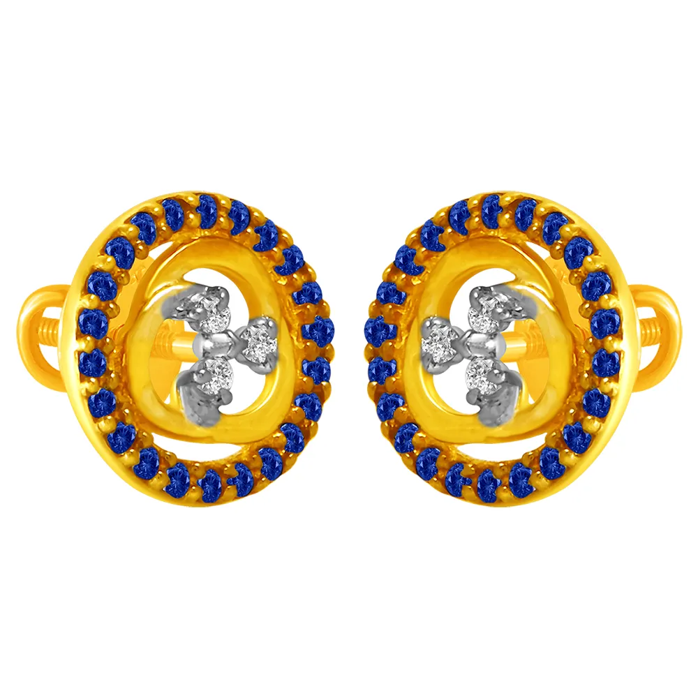 14KT (585) Yellow Gold & Diamond Studs Earrings with Blue Stone Borders