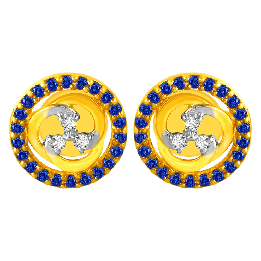 14KT (585) Yellow Gold & Diamond Studs Earrings with Blue Stone Borders