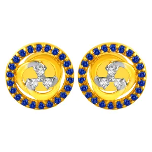 14KT (585) Yellow Gold & Diamond Studs Earrings with Blue Stone Borders