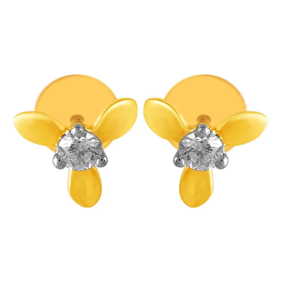 14KT (585) Yellow Gold & Diamond with three Intricate Petals Stud Earrings