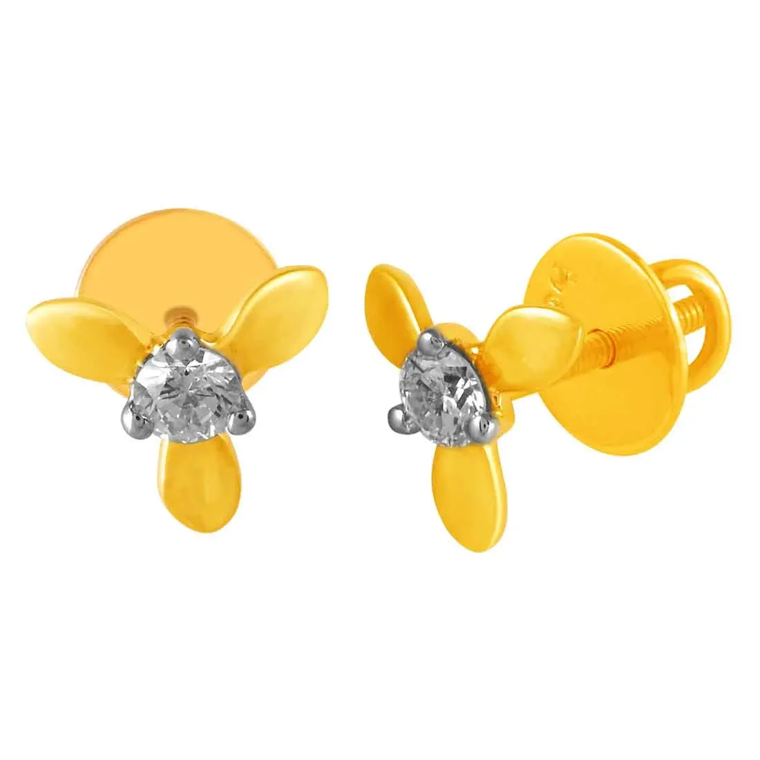 14KT (585) Yellow Gold & Diamond with three Intricate Petals Stud Earrings