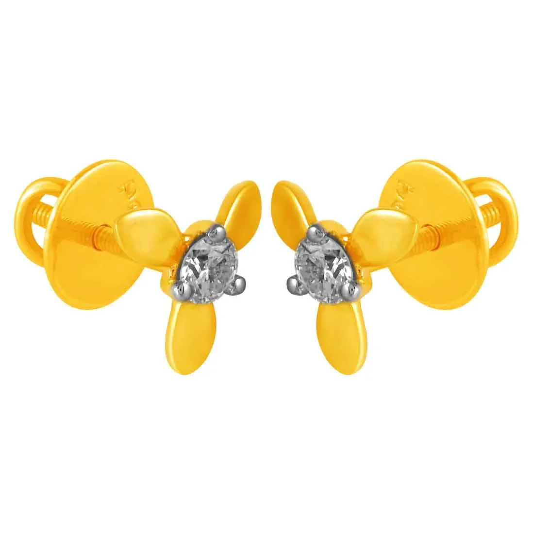 14KT (585) Yellow Gold & Diamond with three Intricate Petals Stud Earrings