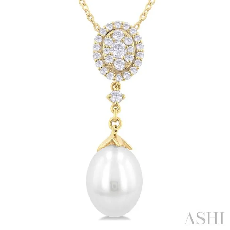 1/5 Ctw Oval Shape Mount 9X7 MM Cultured Pearl Drop and Round Cut Diamond Fashion Pendant With Chain in 14K Yellow Gold