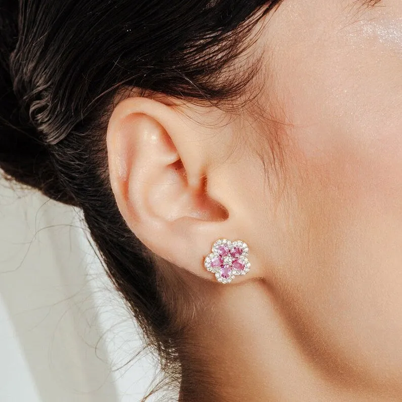 18K Gold Pink Sapphire Cherry Blossom Flower Earrings