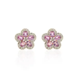 18K Gold Pink Sapphire Cherry Blossom Flower Earrings