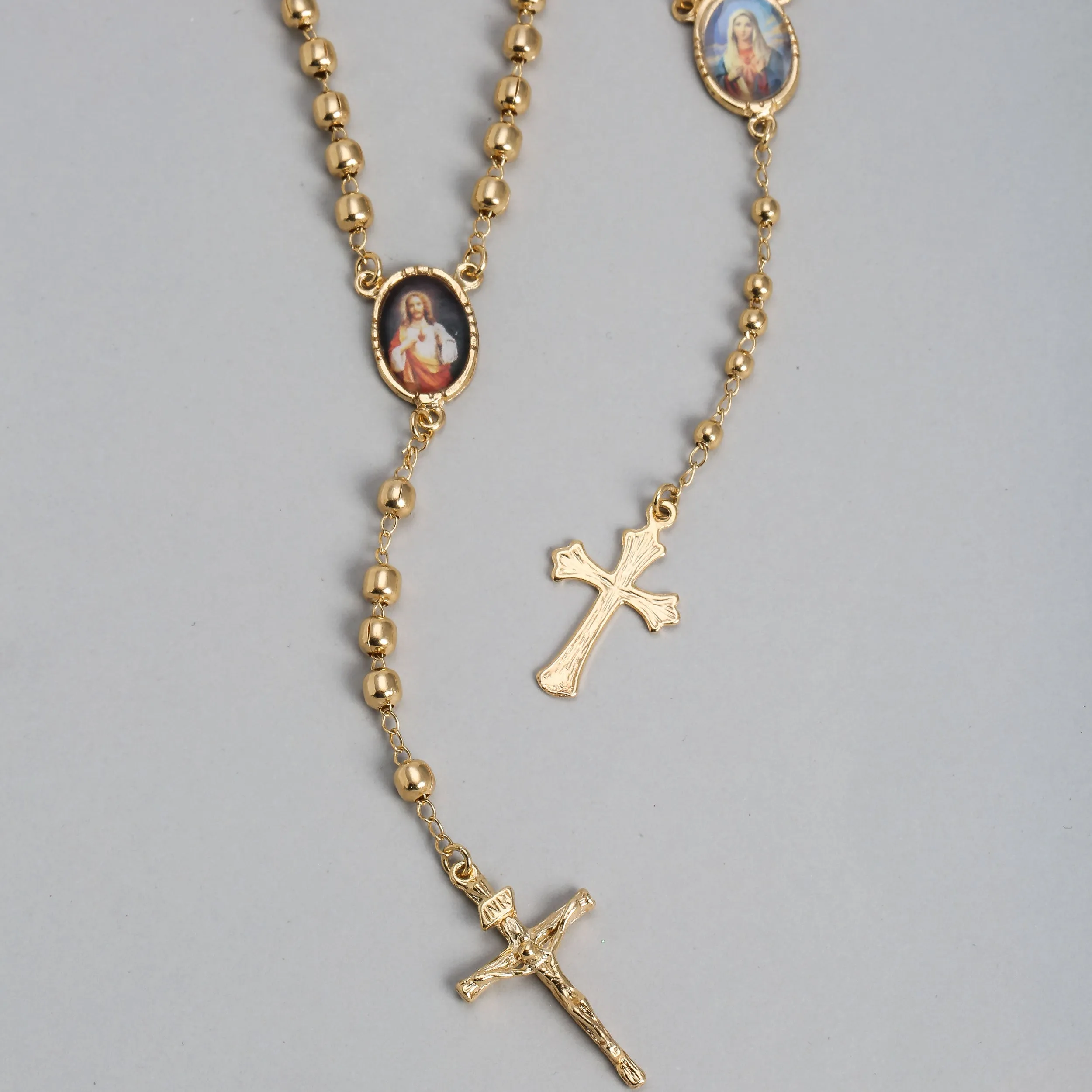 18K Gold Plated Rosary Necklace with Virgin Mary Cross and Prayer Beads