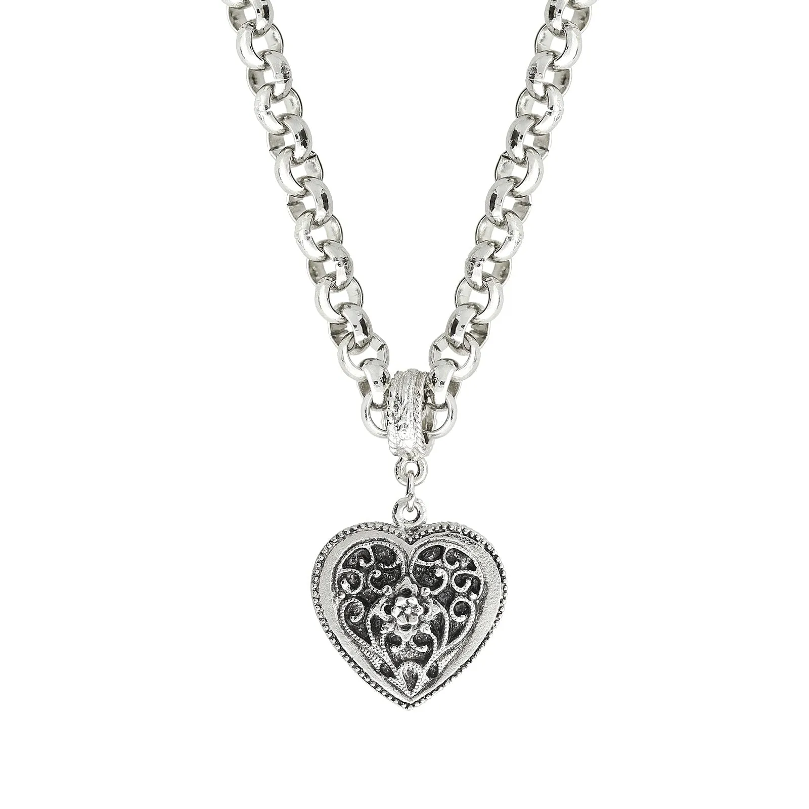 1928 Jewelry Double Sided Flower Accent Heart Pendant Filigree Necklace For Women 16"   3" Extender