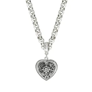 1928 Jewelry Double Sided Flower Accent Heart Pendant Filigree Necklace For Women 16"   3" Extender