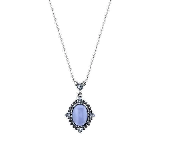 1928 Jewelry Light Sapphire Crystal Oval Blue Moonstone Pendant Necklace 16"   3" Extension