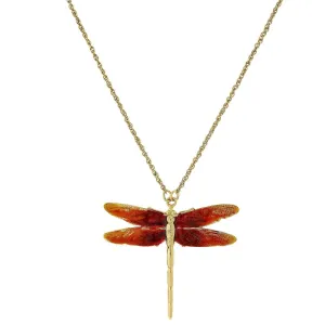 1928 Jewelry Orange Enamel Dragonfly Pendant Necklace 16"   3" Extender