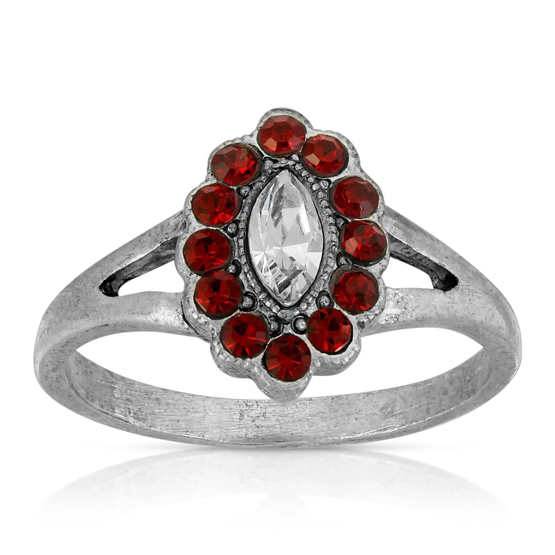 1928 Jewelry Pewter Diamond Shaped Crystal With Red Crystals Ring Size 7