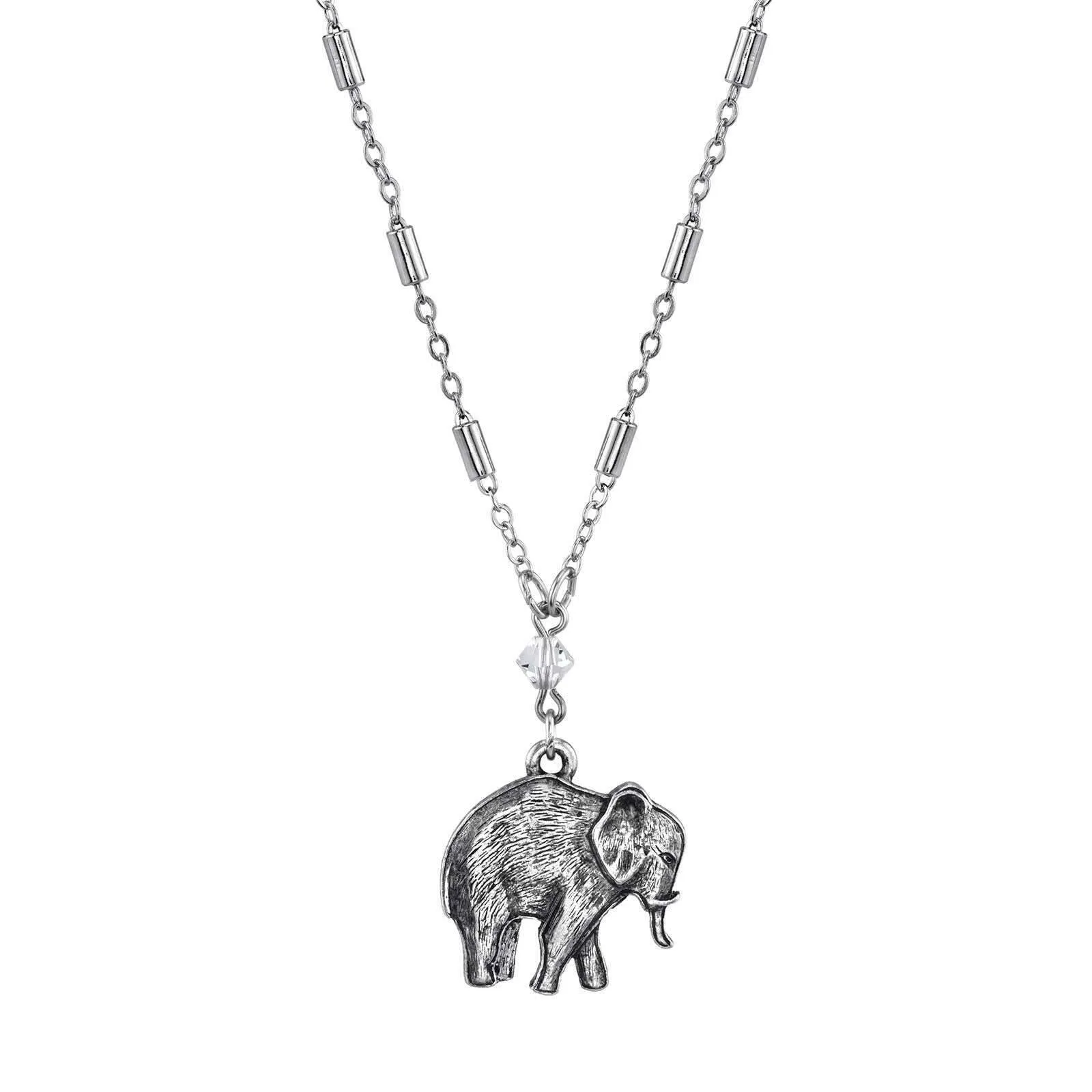 1928 Jewelry Pewter Elephant Drop Chain Pendant Necklace 16"   3" Extender