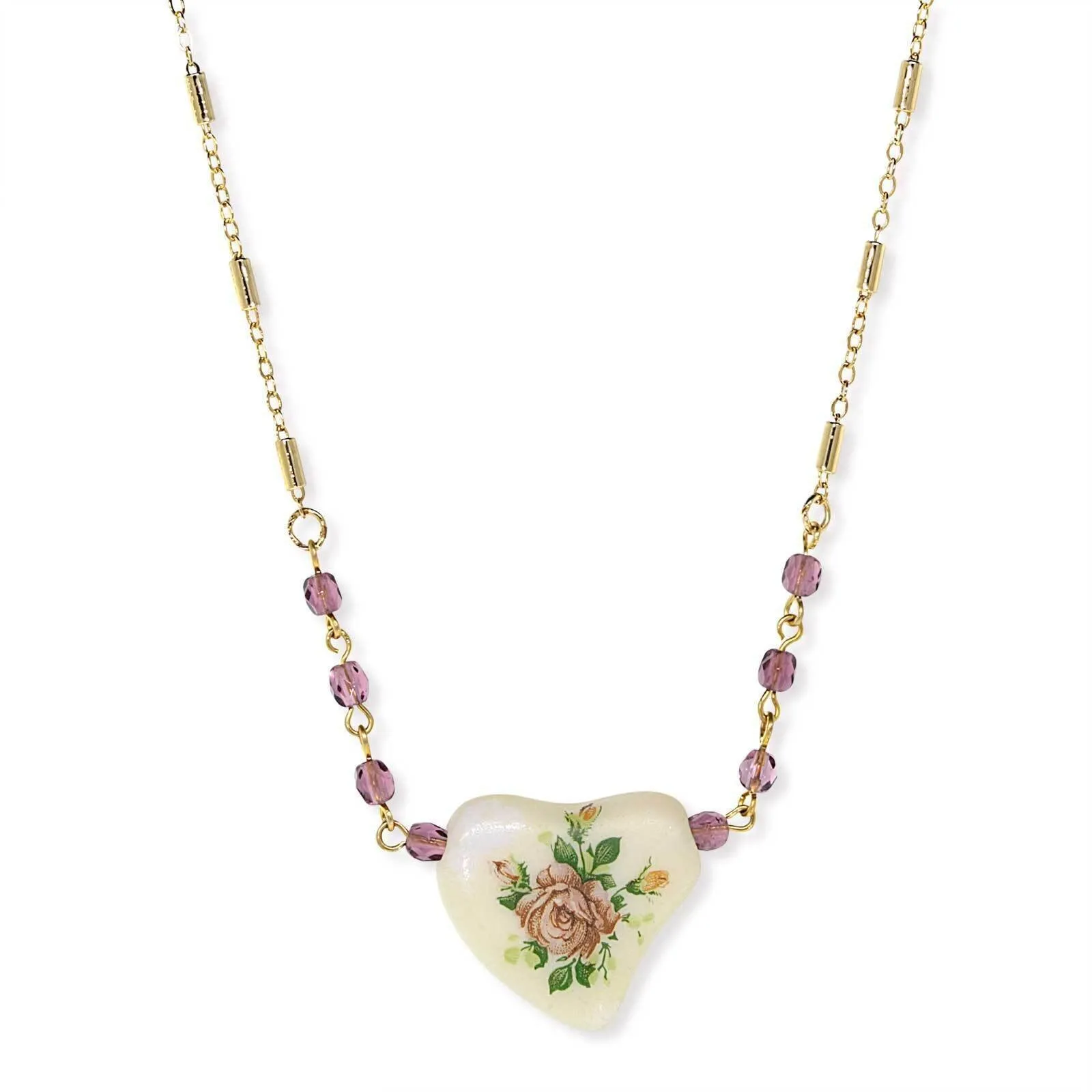 1928 Jewelry Purple Beaded White Heart With Pink Floral Decal Necklace 16"   3" Extender