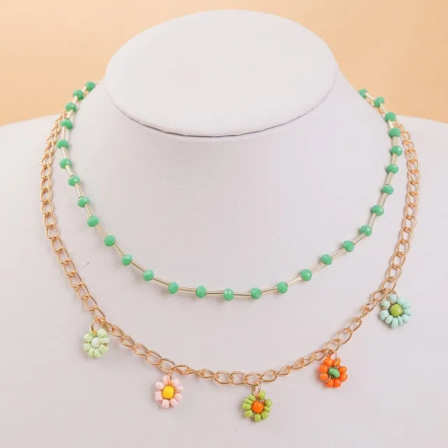 2 Pcs/Set Bohemian Multicolor Beaded Necklaces For Women Boho Gold Color Metal Chain Handmade Beads Flower Necklace Jewelry