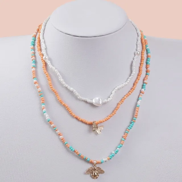 2 Pcs/Set Bohemian Multicolor Beaded Necklaces For Women Boho Gold Color Metal Chain Handmade Beads Flower Necklace Jewelry