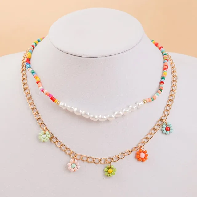 2 Pcs/Set Bohemian Multicolor Beaded Necklaces For Women Boho Gold Color Metal Chain Handmade Beads Flower Necklace Jewelry