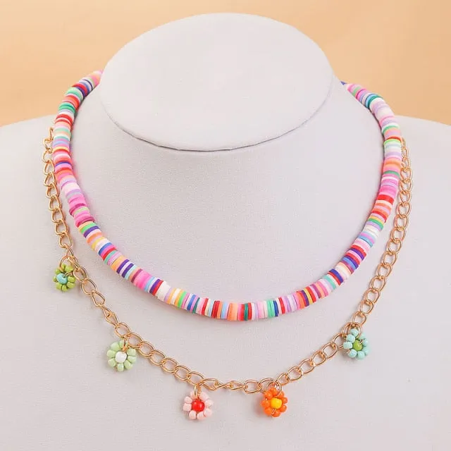 2 Pcs/Set Bohemian Multicolor Beaded Necklaces For Women Boho Gold Color Metal Chain Handmade Beads Flower Necklace Jewelry