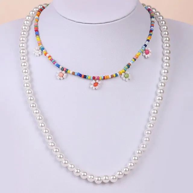 2 Pcs/Set Bohemian Multicolor Beaded Necklaces For Women Boho Gold Color Metal Chain Handmade Beads Flower Necklace Jewelry