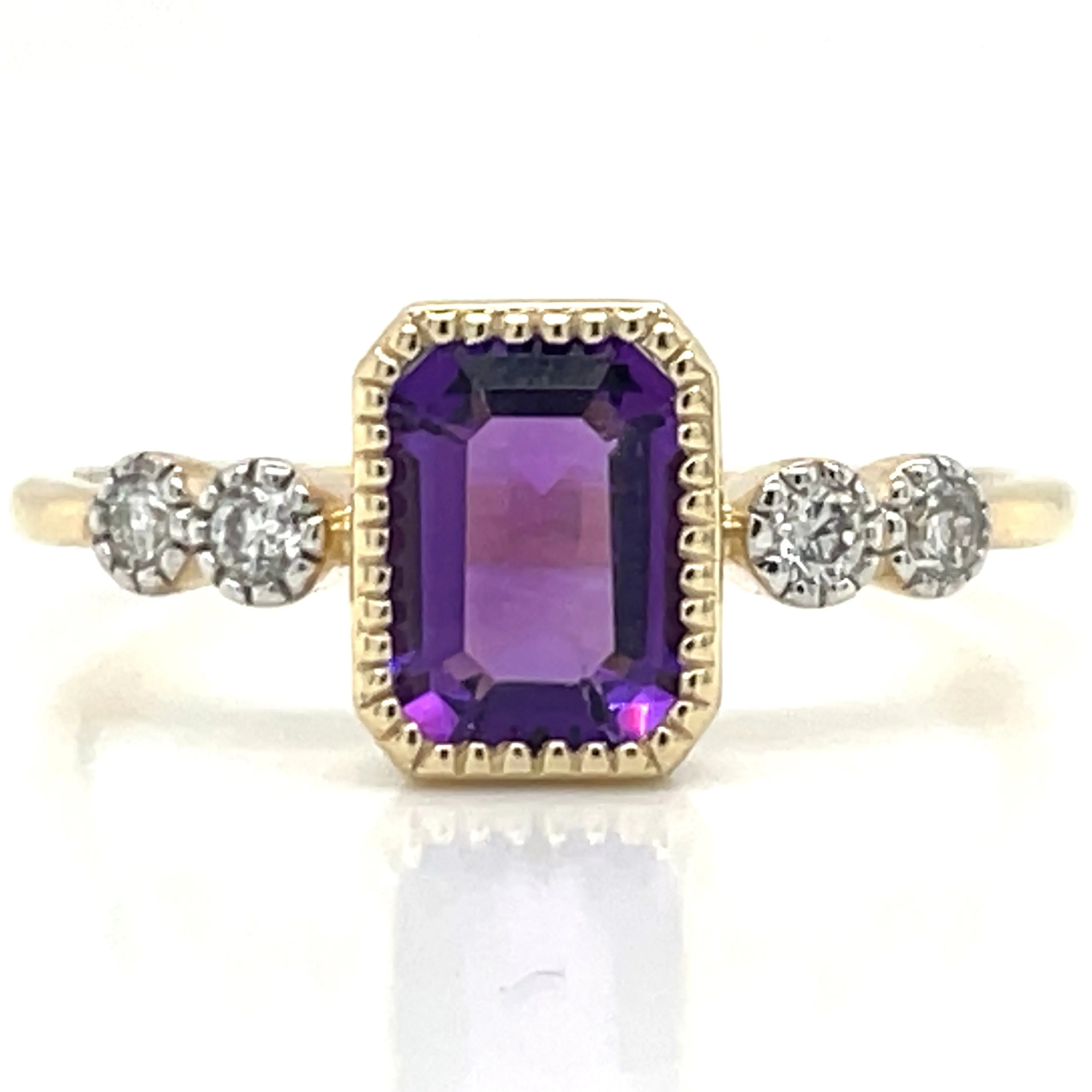 9ct Yellow Gold 0.96ct Emerald Cut Purple Amethyst Ring with Side Diamonds