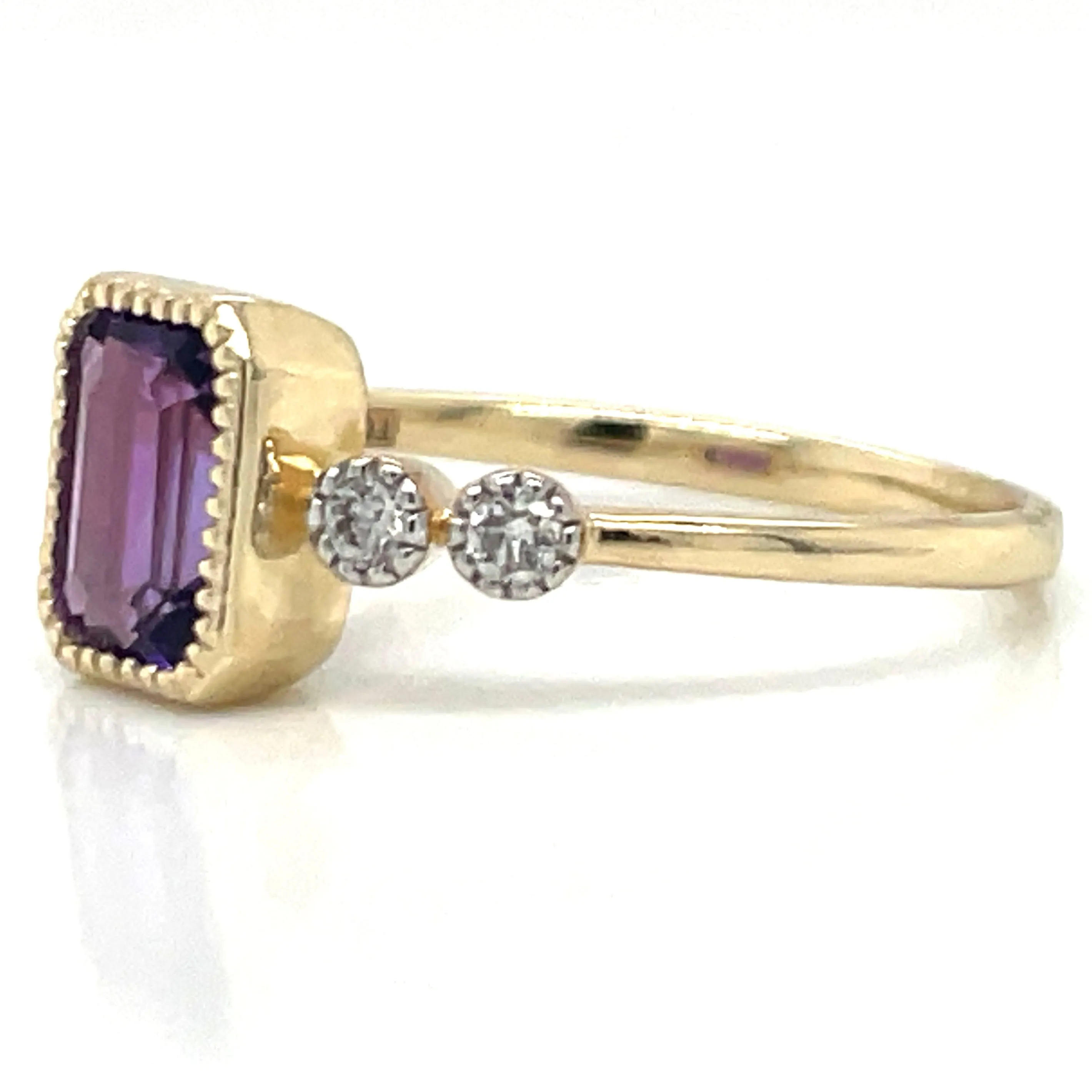 9ct Yellow Gold 0.96ct Emerald Cut Purple Amethyst Ring with Side Diamonds