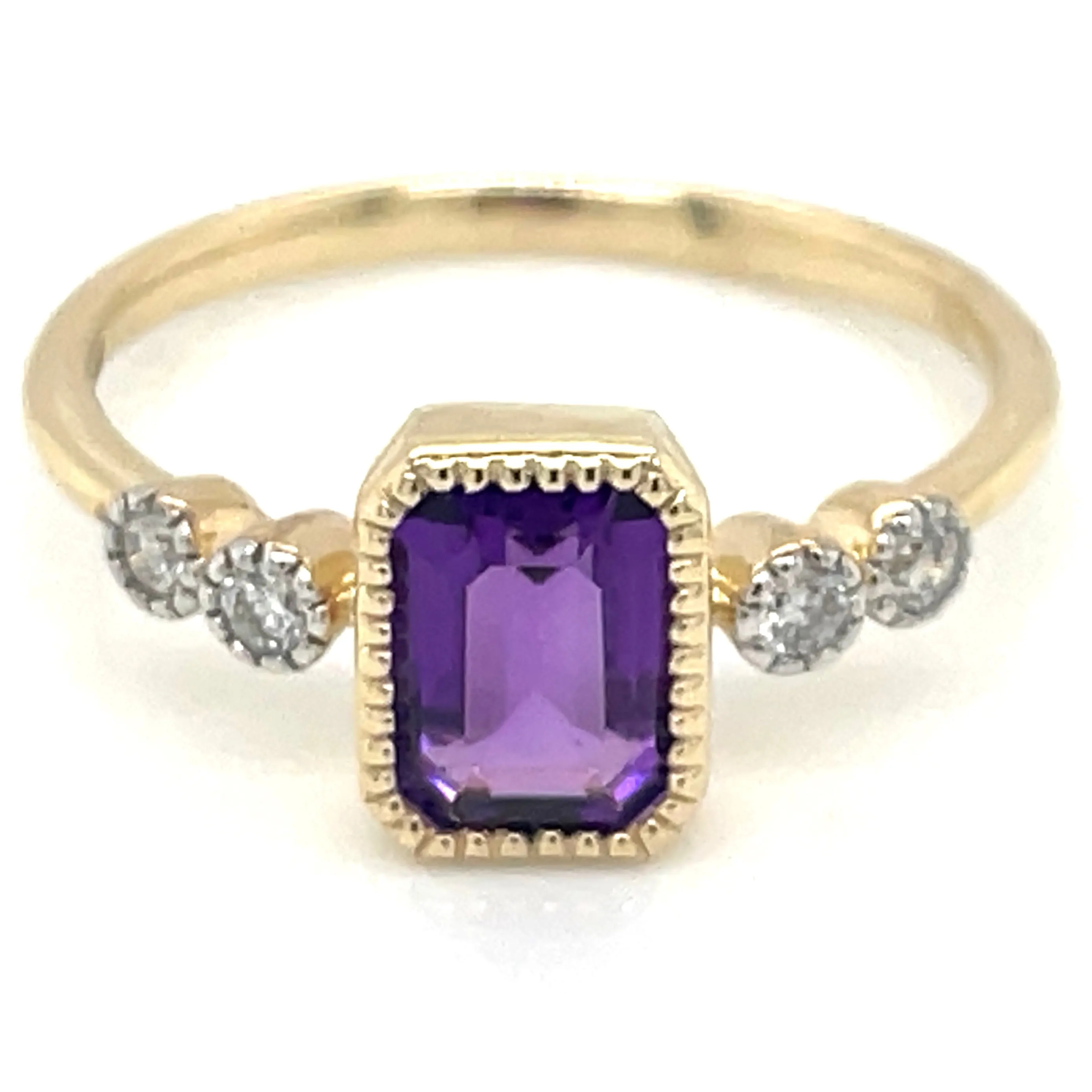 9ct Yellow Gold 0.96ct Emerald Cut Purple Amethyst Ring with Side Diamonds