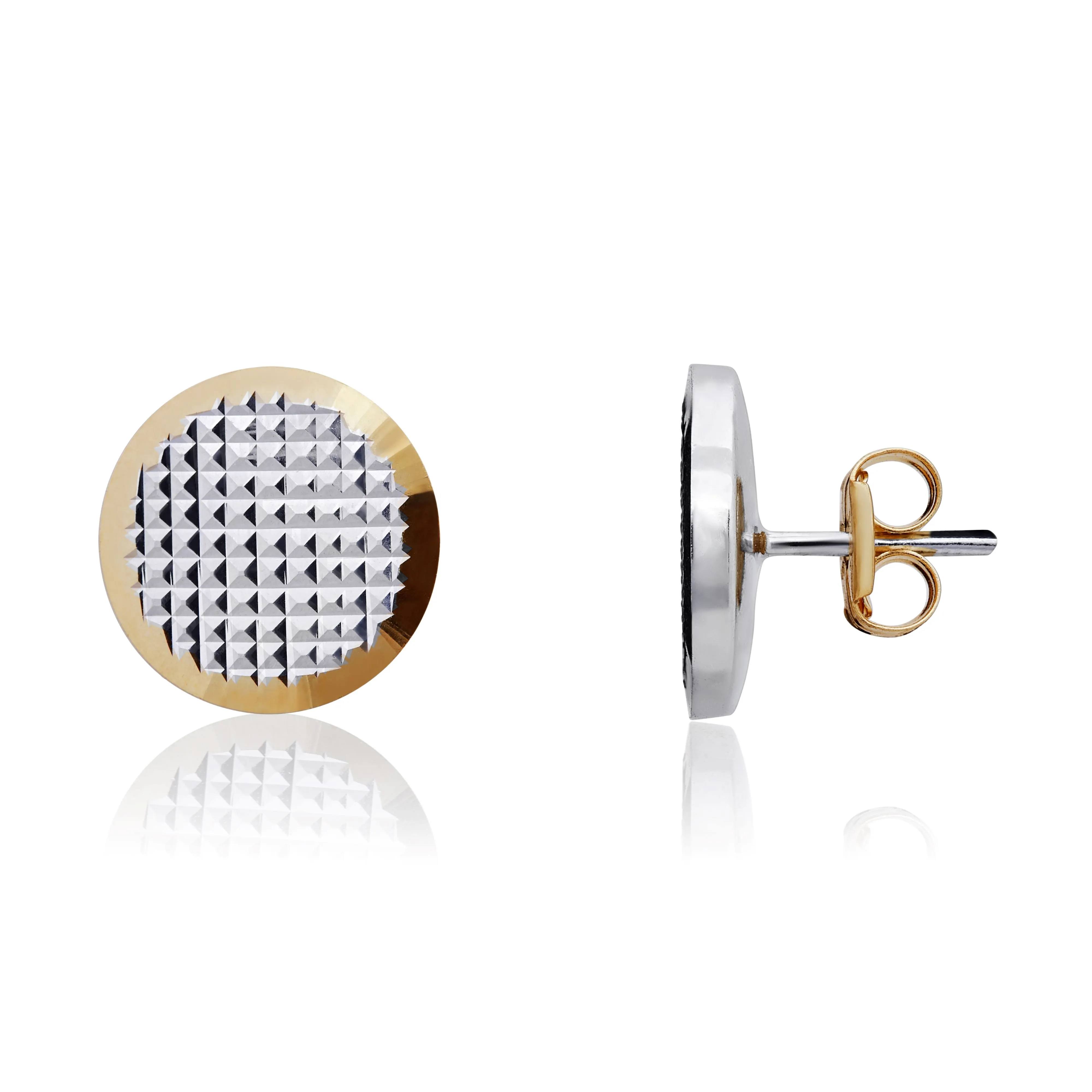 9K Yellow & White Gold Faceted Disk Stud Earrings