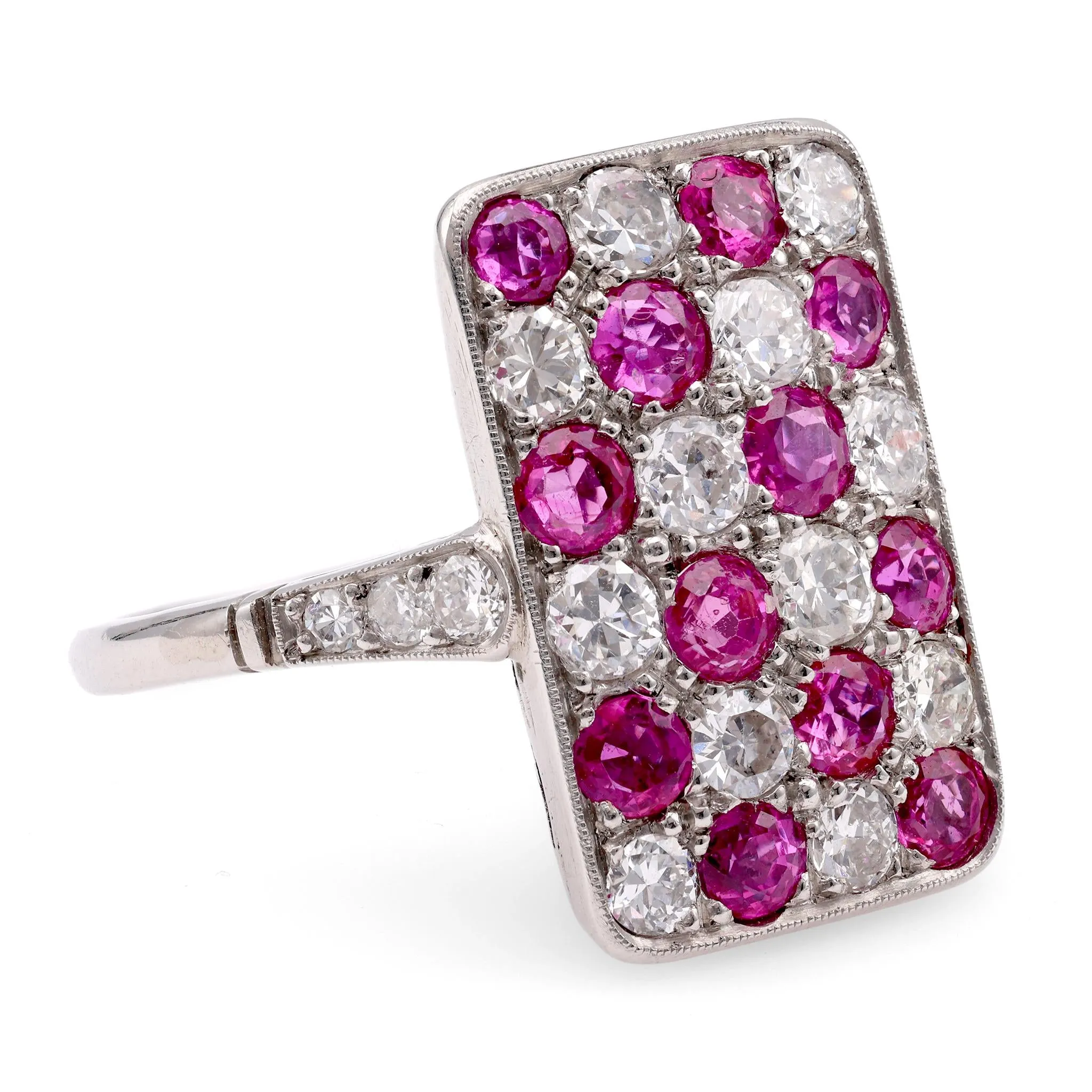 Art Deco Inspired Ruby Diamond Platinum Checkerboard Ring