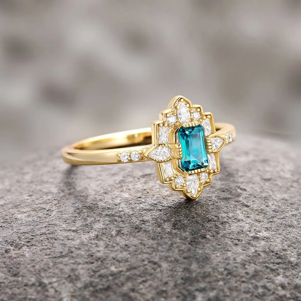 Art Deco London Blue Topaz Ring- 14K Yellow Gold Vermeil